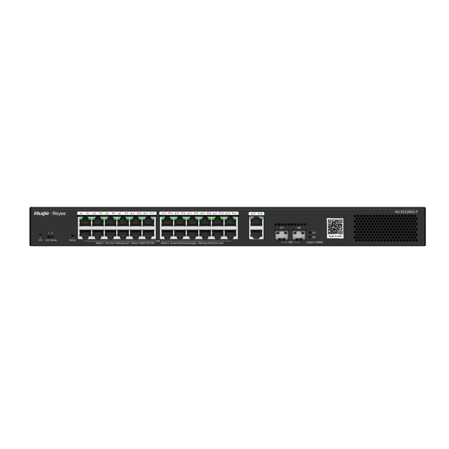 Ruijie Reyee RG-ES228GS-P 28-Port Gigabit, 24 PoE+ Ports, 2 SFP Ports, Smart Cloud Managed PoE Switch